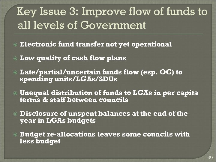 Key Issue 3: Improve flow of funds to all levels of Government Electronic fund