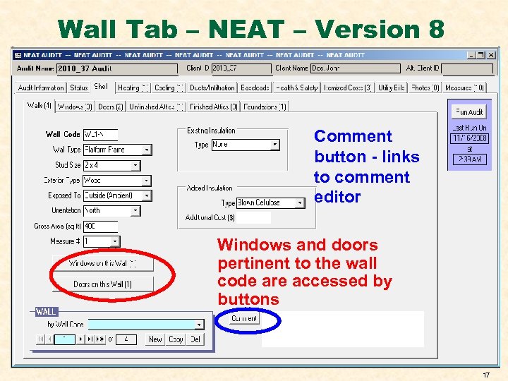 Wall Tab – NEAT – Version 8 Comment button - links to comment editor