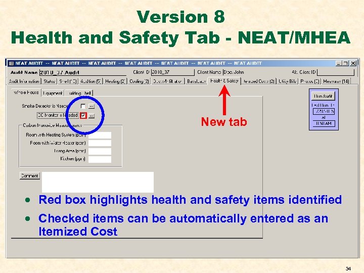 Version 8 Health and Safety Tab - NEAT/MHEA New tab · Red box highlights