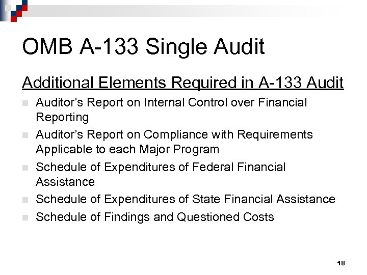 OMB A-133 Single Audit Additional Elements Required in A-133 Audit n n n Auditor’s