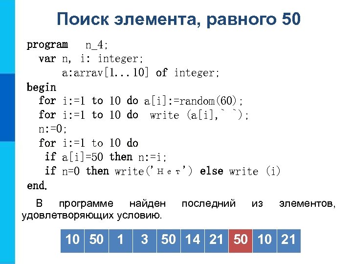 Одномерные массивы целых чисел. Одномерный массив в питоне. Поиск элемента равного 50. Program n_4. Обозначение пустого массива.