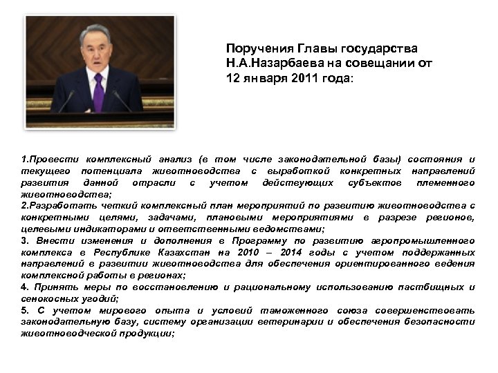 Поручения Главы государства Н. А. Назарбаева на совещании от 12 января 2011 года: 1.