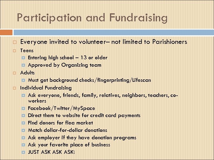 Participation and Fundraising Everyone invited to volunteer– not limited to Parishioners Teens Entering high
