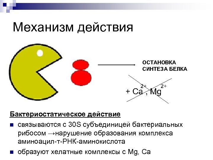 Механизм действия ОСТАНОВКА СИНТЕЗА БЕЛКА 2+ 2+ + Ca , Mg Бактериостатическое действие n