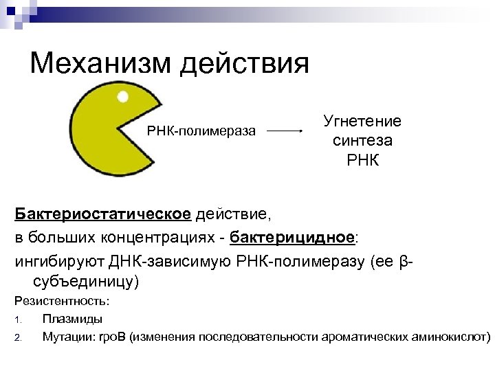 Механизм действия РНК-полимераза Угнетение синтеза РНК Бактериостатическое действие, в больших концентрациях - бактерицидное: ингибируют