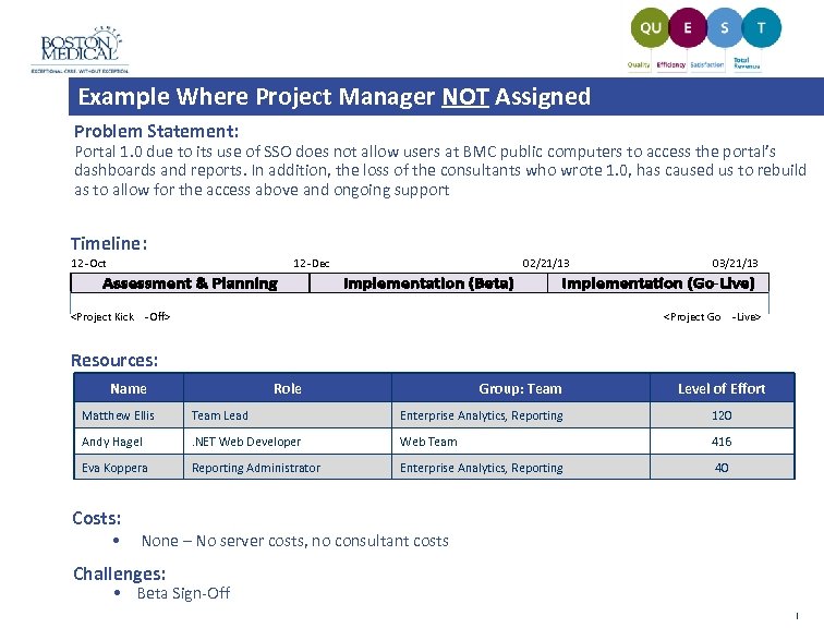 Example Where Project Manager NOT Assigned Problem Statement: Portal 1. 0 due to its