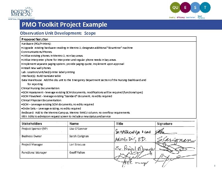 PMO Toolkit Project Example Observation Unit Development: Scope Proposed Solution Hardware (PCs/Printers): Upgrade existing