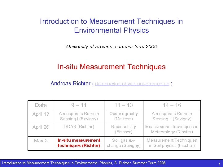 Introduction to Measurement Techniques in Environmental Physics University of Bremen, summer term 2006 In-situ