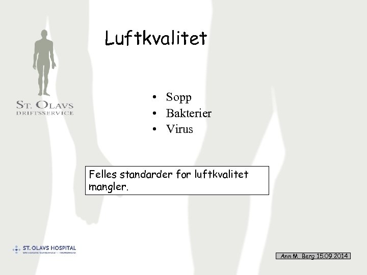 Luftkvalitet • Sopp • Bakterier • Virus Felles standarder for luftkvalitet mangler. Ann M.