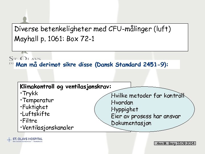 Diverse betenkeligheter med CFU-målinger (luft) Mayhall p. 1061: Box 72 -1 Man må derimot