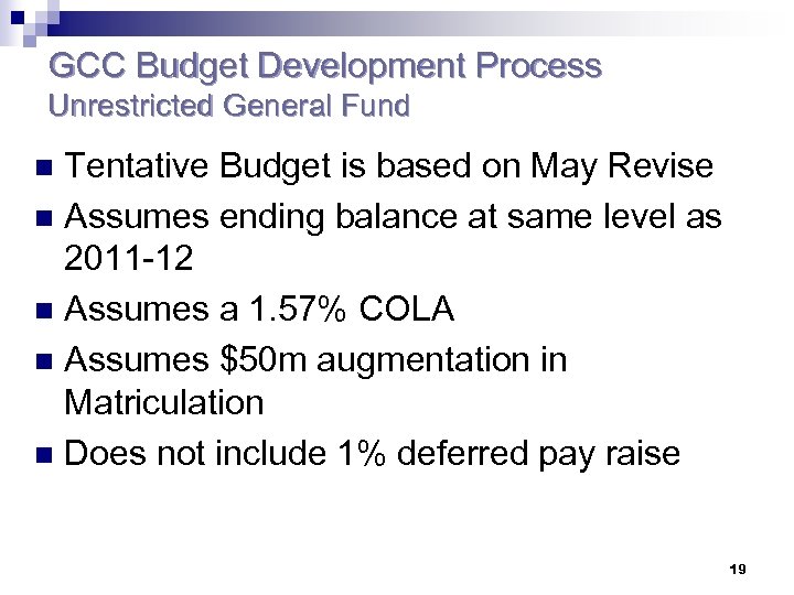GCC Budget Development Process Unrestricted General Fund Tentative Budget is based on May Revise