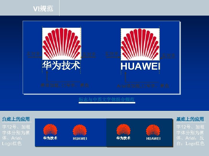 VI规范 左对齐 右对齐 华为技术 黑体加粗, 12号字，黑色 左对齐 右对齐 HUAWEI Arial体加粗, 12号字，黑色 标志与中英文字体组合规范 白底上的应用 黑底上的应用