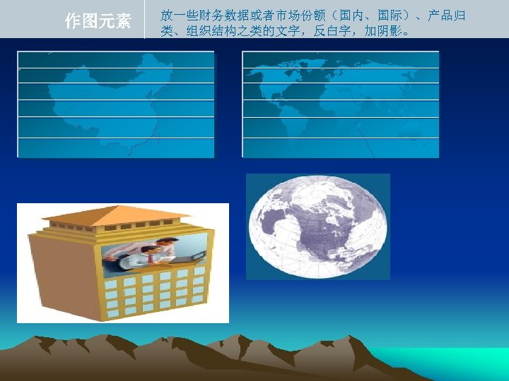 作图元素 放一些财务数据或者市场份额（国内、国际）、产品归 类、组织结构之类的文字，反白字，加阴影。 