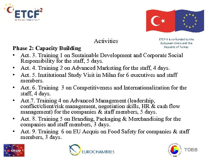 Activities ETCF-II is co-funded by the European Union and the Republic of Turkey Phase