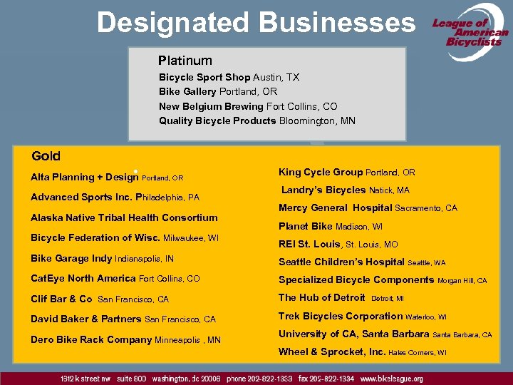 Designated Businesses Platinum Bicycle Sport Shop Austin, TX Bike Gallery Portland, OR New Belgium