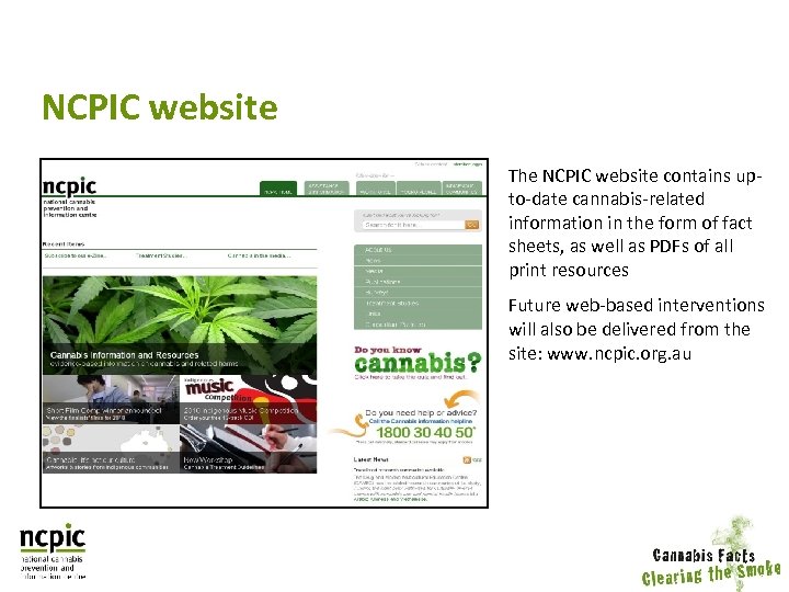 NCPIC website The NCPIC website contains upto-date cannabis-related information in the form of fact