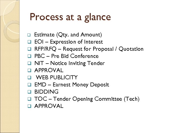 Process at a glance q q q Estimate (Qty. and Amount) EOI – Expression