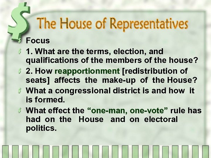 Focus 1. What are the terms, election, and qualifications of the members of the