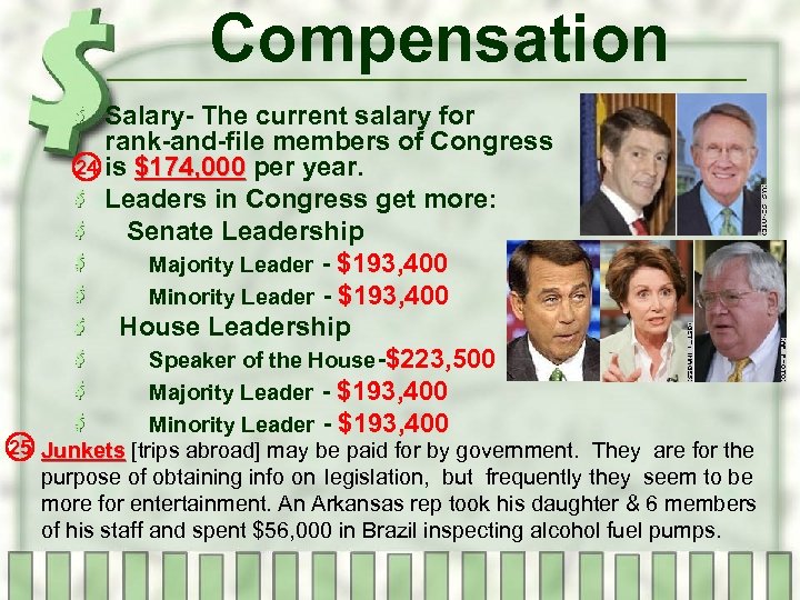 Compensation Salary- The current salary for rank-and-file members of Congress 24 is $174, 000