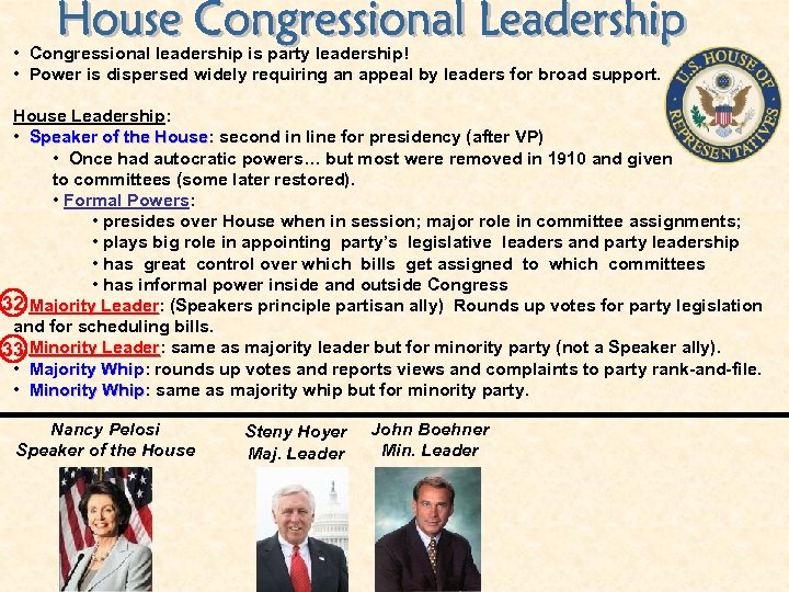  • Congressional leadership is party leadership! • Power is dispersed widely requiring an