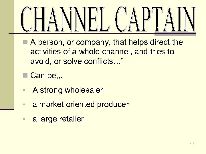 n A person, or company, that helps direct the activities of a whole channel,