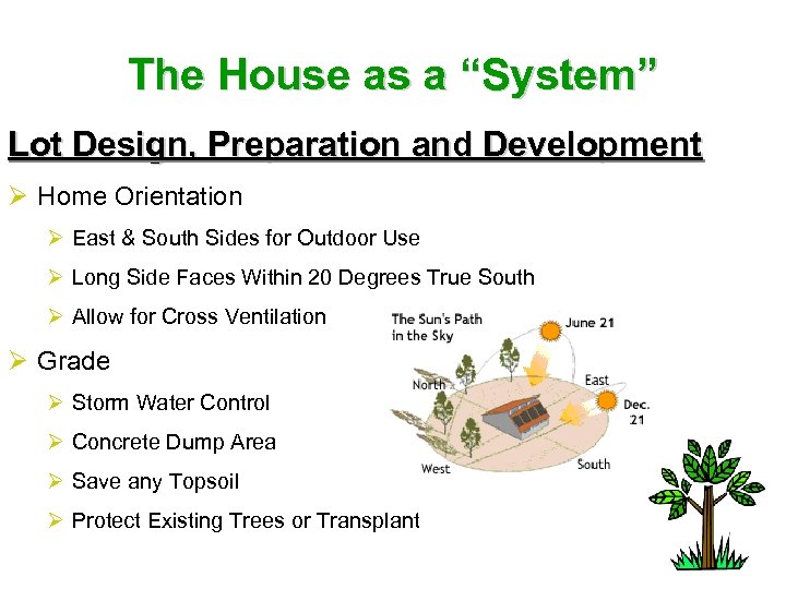 The House as a “System” Lot Design, Preparation and Development Ø Home Orientation Ø