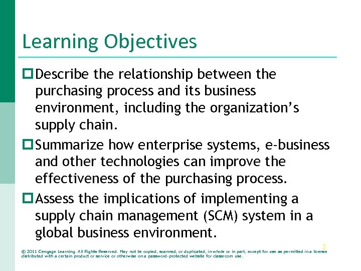 Learning Objectives p Describe the relationship between the purchasing process and its business environment,