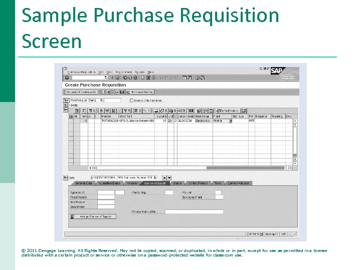 Sample Purchase Requisition Screen © 2011 Cengage Learning. All Rights Reserved. May not be