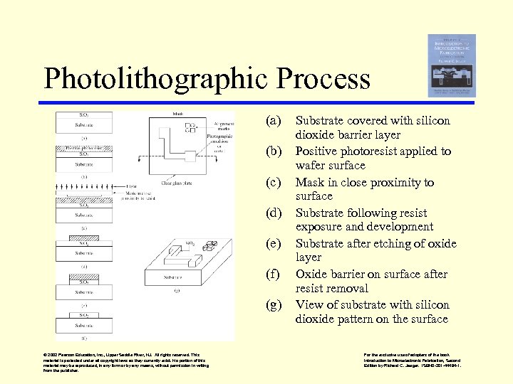 Photolithographic Process (a) (b) (c) (d) (e) (f) (g) © 2002 Pearson Education, Inc.