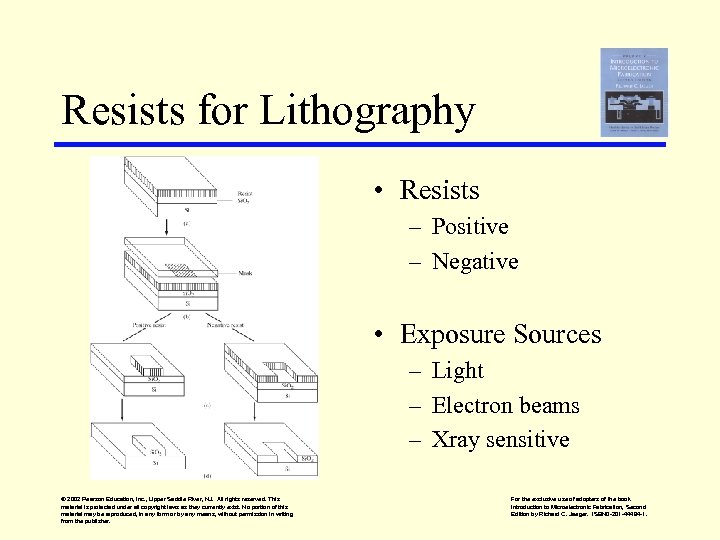 Resists for Lithography • Resists – Positive – Negative • Exposure Sources – Light
