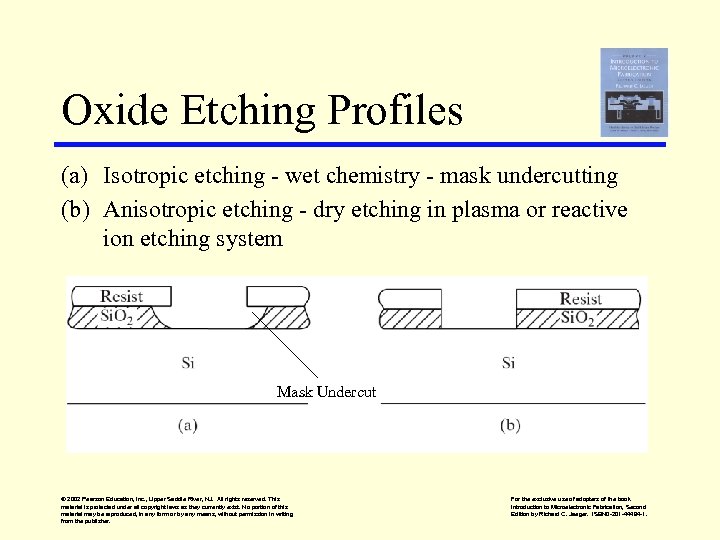 Oxide Etching Profiles (a) Isotropic etching - wet chemistry - mask undercutting (b) Anisotropic