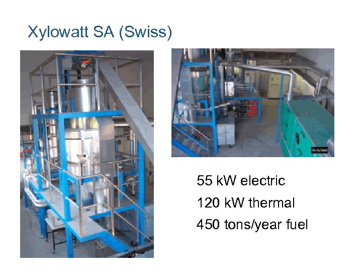 Xylowatt SA (Swiss) 55 k. W electric 120 k. W thermal 450 tons/year fuel