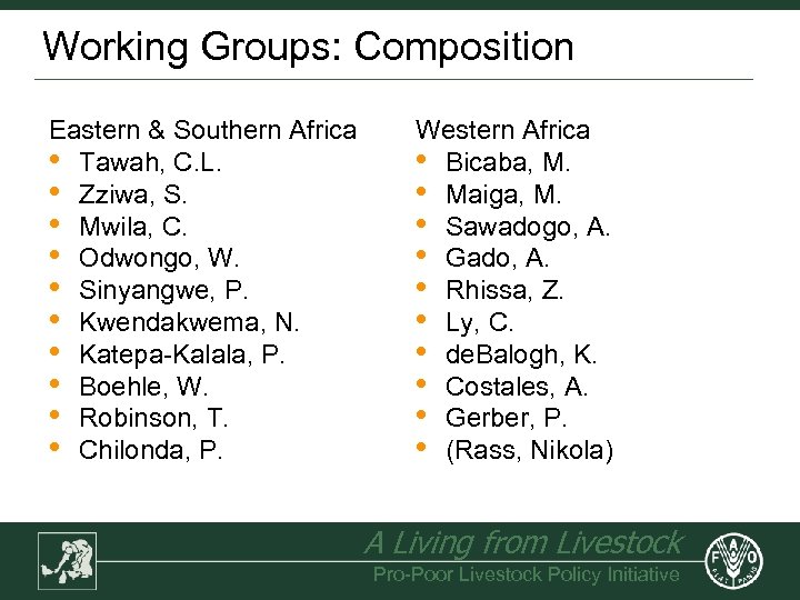 Working Groups: Composition Eastern & Southern Africa • Tawah, C. L. • Zziwa, S.