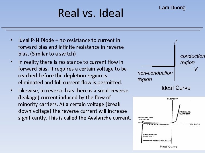 Real vs. Ideal • Ideal P-N Diode – no resistance to current in forward
