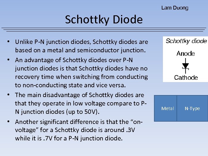 Lam Duong Schottky Diode • Unlike P-N junction diodes, Schottky diodes are based on