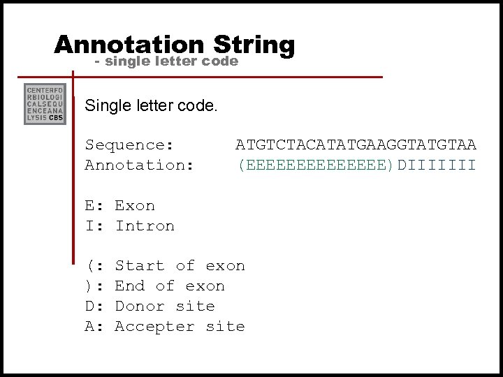 Annotation String - single letter code Single letter code. Sequence: Annotation: ATGTCTACATATGAAGGTATGTAA (EEEEEEE)DIIIIIII E: