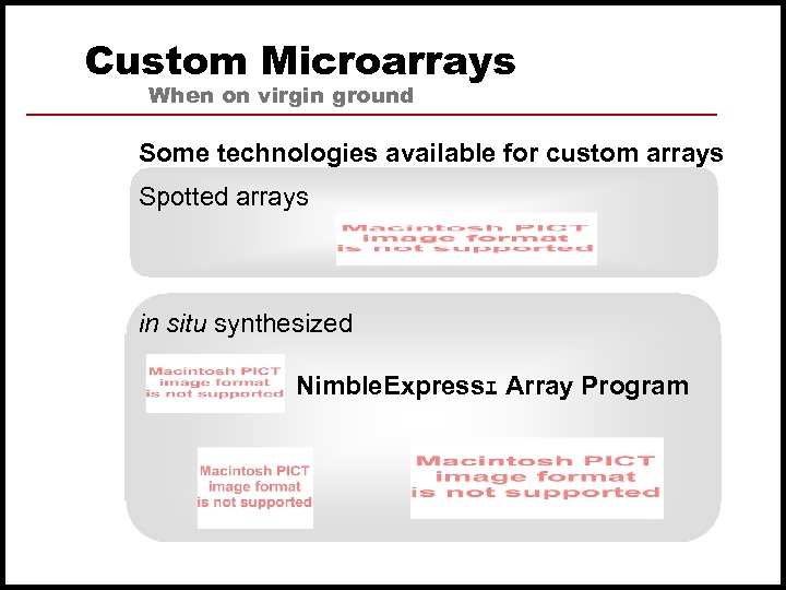 Custom Microarrays When on virgin ground Some technologies available for custom arrays Spotted arrays