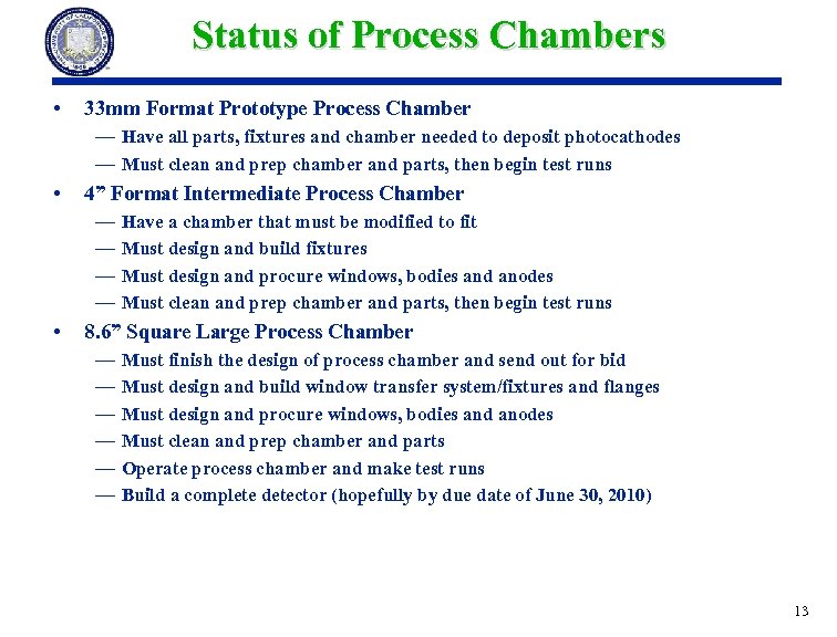 Status of Process Chambers • 33 mm Format Prototype Process Chamber — Have all