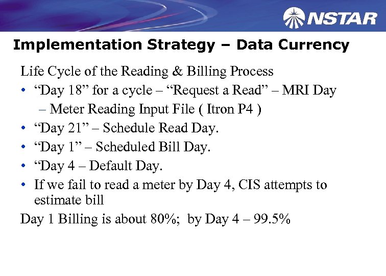 Implementation Strategy – Data Currency Life Cycle of the Reading & Billing Process •