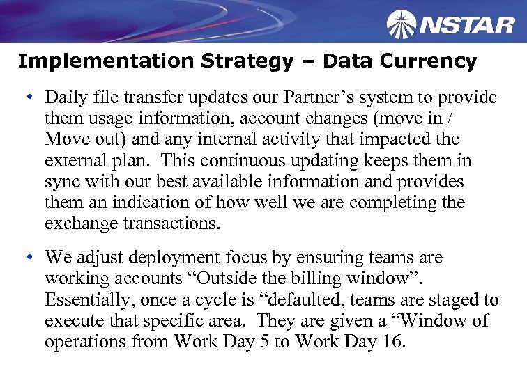 Implementation Strategy – Data Currency • Daily file transfer updates our Partner’s system to