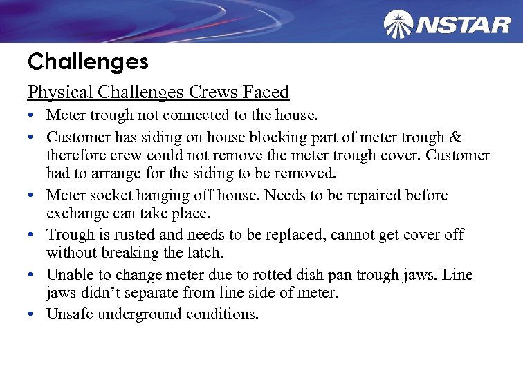 Challenges Physical Challenges Crews Faced • Meter trough not connected to the house. •