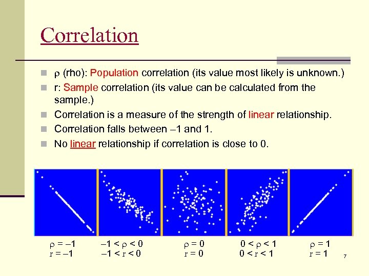 Correlation n r (rho): Population correlation (its value most likely is unknown. ) n