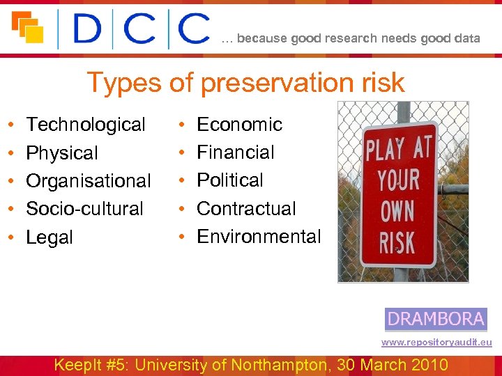 … because good research needs good data Types of preservation risk • • •