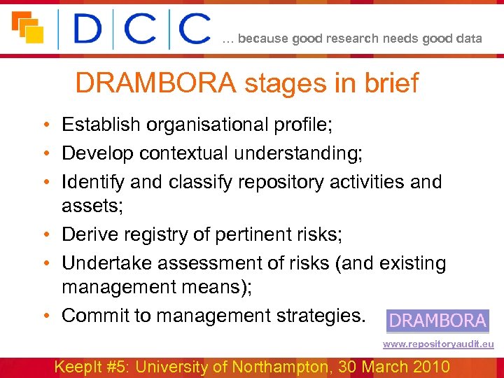 … because good research needs good data DRAMBORA stages in brief • Establish organisational