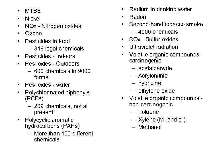  • • • MTBE Nickel NOx - Nitrogen oxides Ozone Pesticides in food