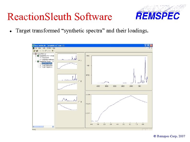 Reaction. Sleuth Software Target transformed “synthetic spectra” and their loadings. © Remspec Corp. 2007