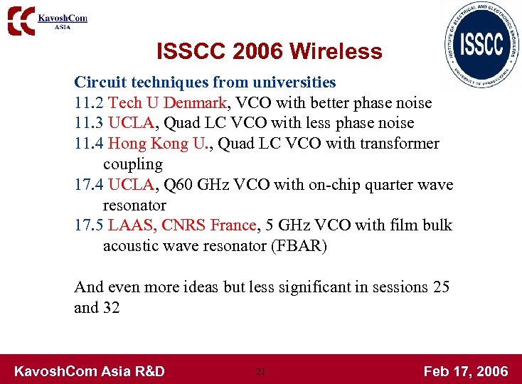 ISSCC 2006 Wireless Circuit techniques from universities 11. 2 Tech U Denmark, VCO with