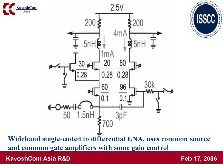 Wideband single-ended to differential LNA, uses common source and common gate amplifiers with some