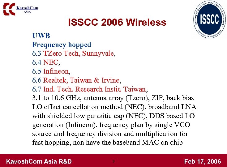 ISSCC 2006 Wireless UWB Frequency hopped 6. 3 TZero Tech, Sunnyvale, 6. 4 NEC,