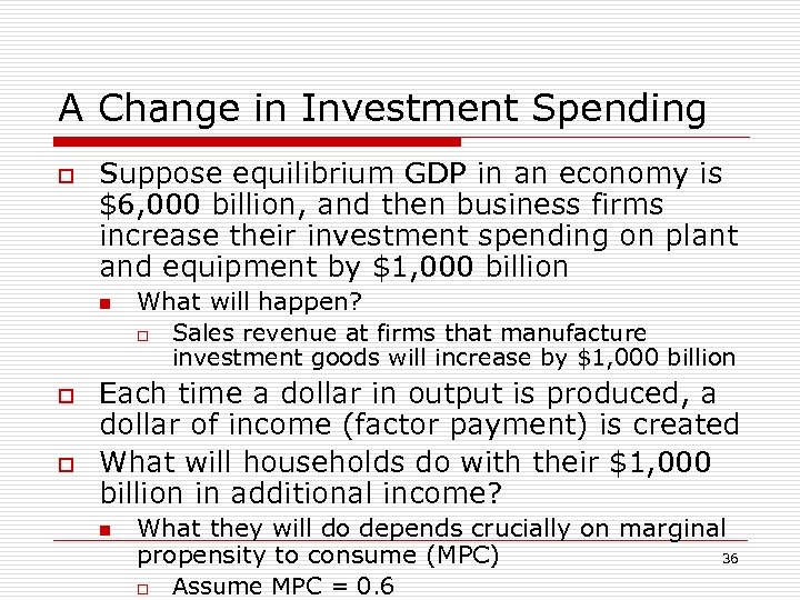 A Change in Investment Spending o Suppose equilibrium GDP in an economy is $6,